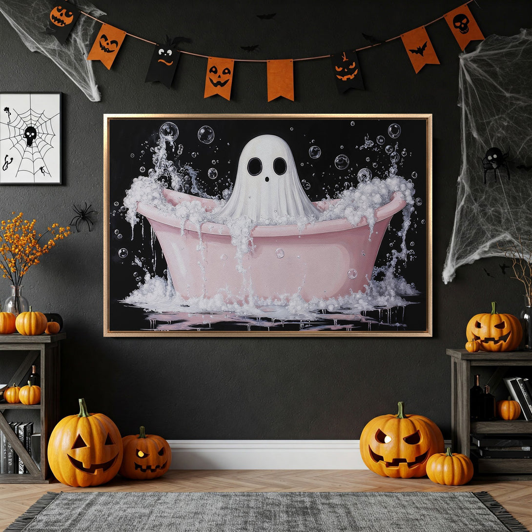 Framed Wall Art: Spooky ghost in a pink bathtub, perfect for Halloween decor! Features a black, orange, and pink color palette. Add a touch of fun to your space!