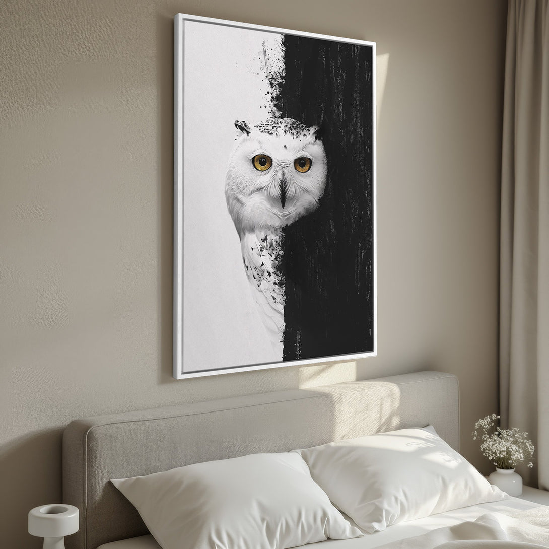 Framed Wall Art featuring a striking black and white owl portrait. Modern, minimalist style with a neutral color palette, perfect for bedroom decor.