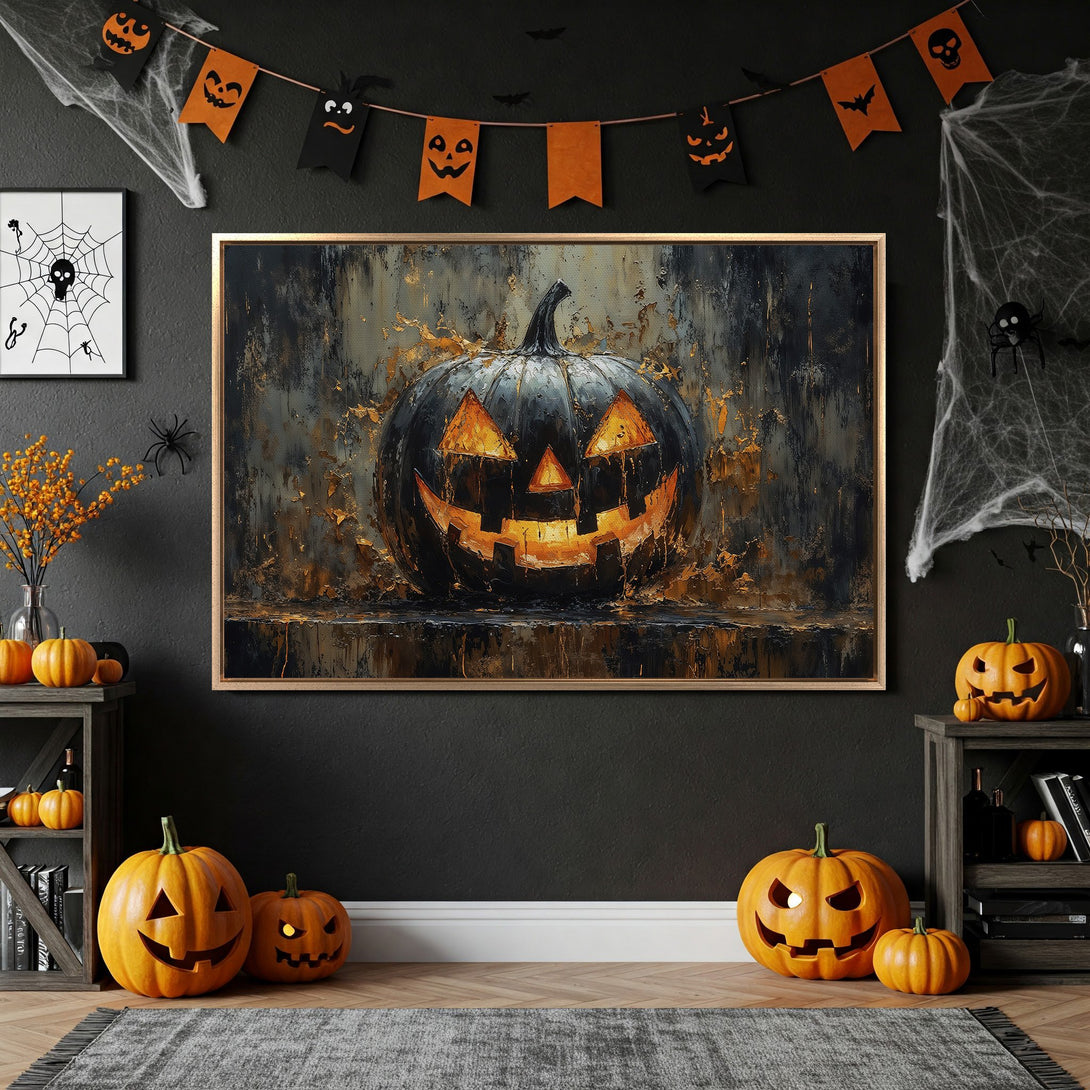 Framed Wall Art: Spooky Halloween pumpkin canvas print in a dark, moody interior. Features a black and gold color palette, perfect for seasonal decor.