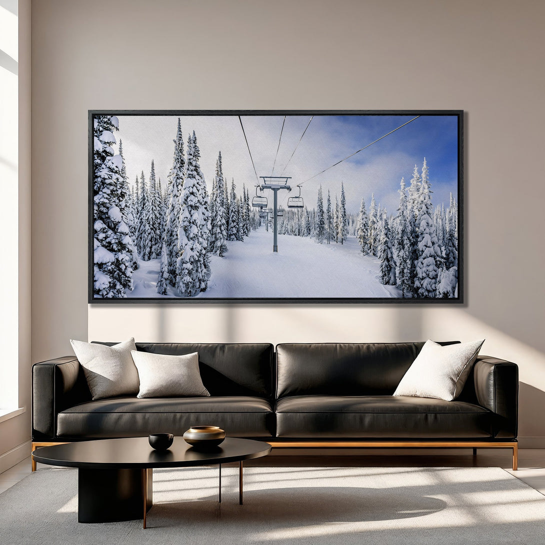 Framed Wall Art: Winter ski slope scene with snow-covered trees and chairlift. Neutral color palette with pops of blue. Perfect for modern home decor.