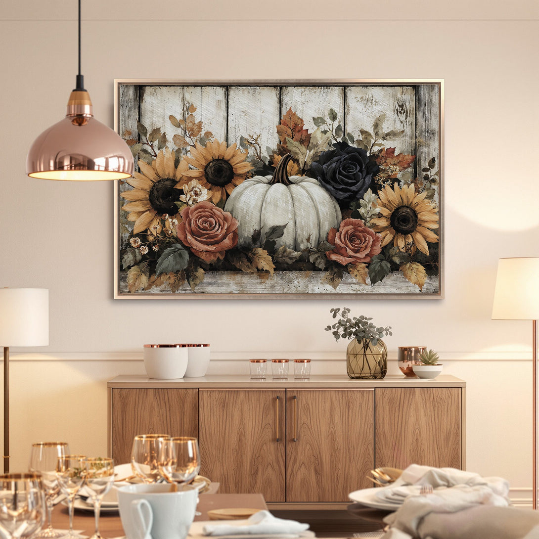 Framed Wall Art: Rustic pumpkin and floral arrangement in warm autumn tones. Perfect fall decor for your home!