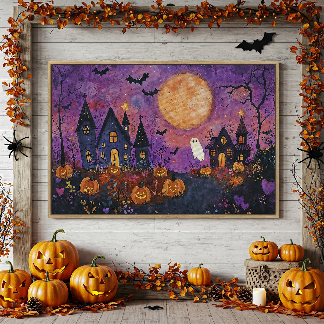 Framed Wall Art: Spooky Halloween scene with haunted houses, pumpkins, and bats. Purple and orange watercolor style canvas print.