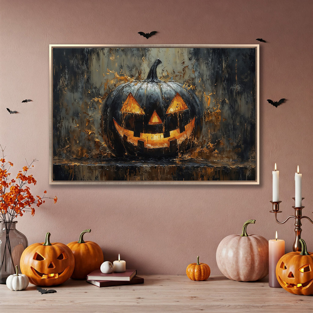 Framed Wall Art: Spooky Halloween pumpkin painting in dark, gold, and orange tones. Perfect for seasonal decor!