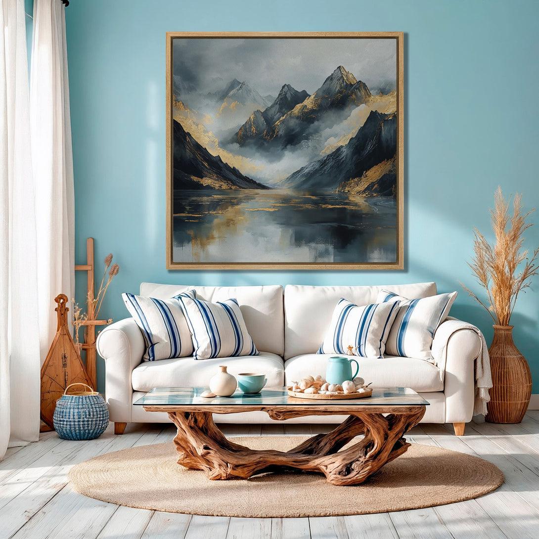 Framed Wall Art featuring a mountain landscape in a modern style with a muted color palette. Perfect for adding a touch of nature to your home decor.