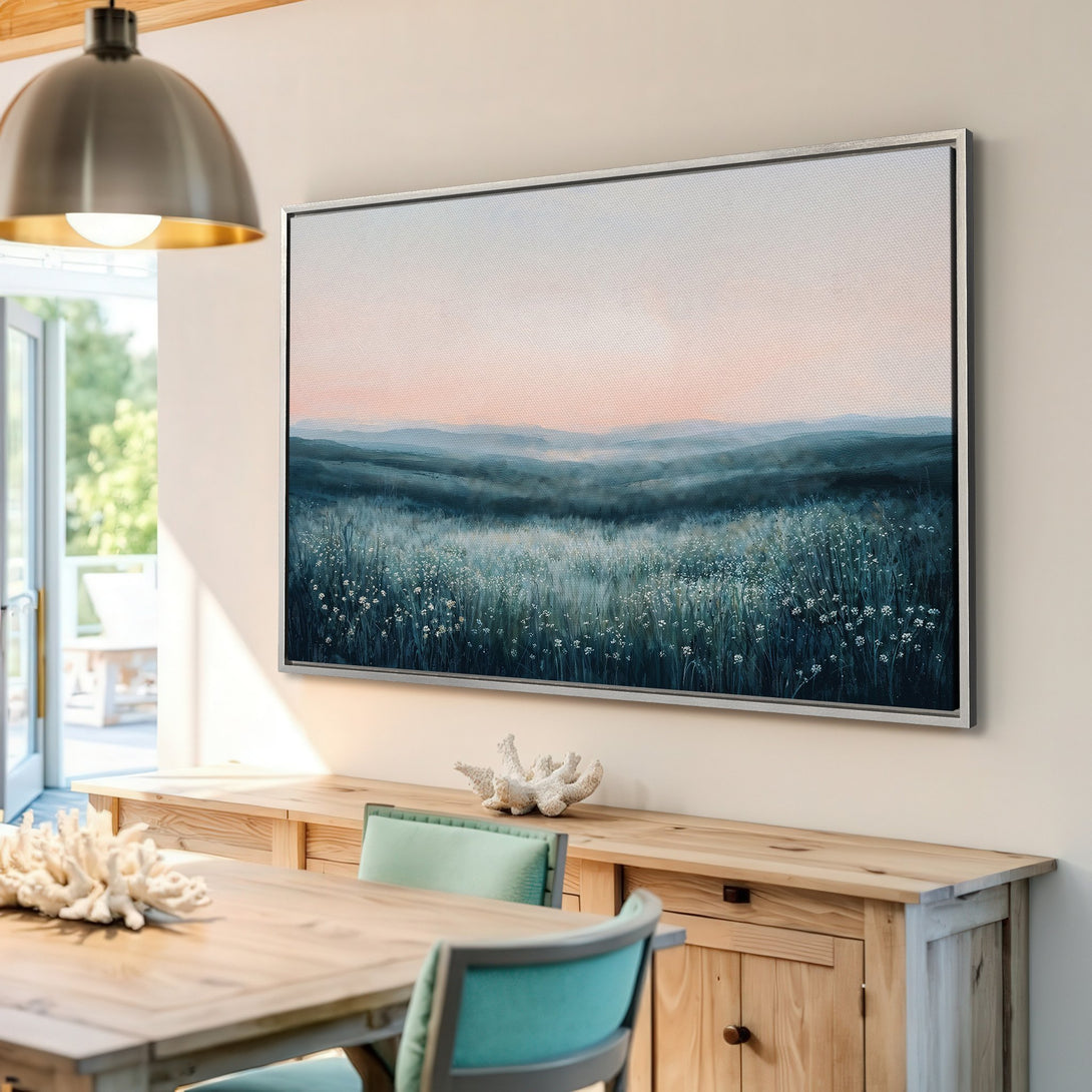 Framed Wall Art: Peaceful landscape Canvas Print in teal and peach tones. Modern art for living room, bedroom or dining area. Shop now!