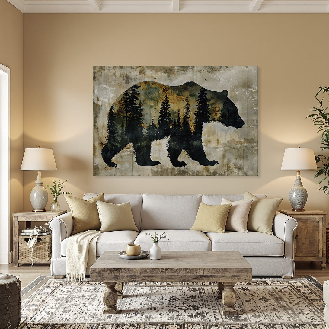 Framed Wall Art featuring a bear silhouette with forest detail. Rustic style, earth-tone color palette. Perfect for adding a touch of nature to your home decor.