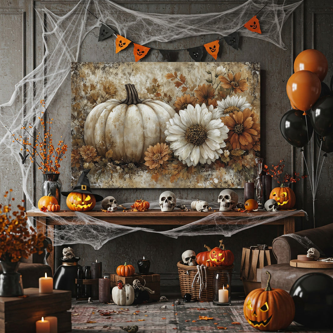 Framed Wall Art: Halloween-themed canvas print with a pumpkin and flowers in warm autumn tones. Perfect fall decor for your home!