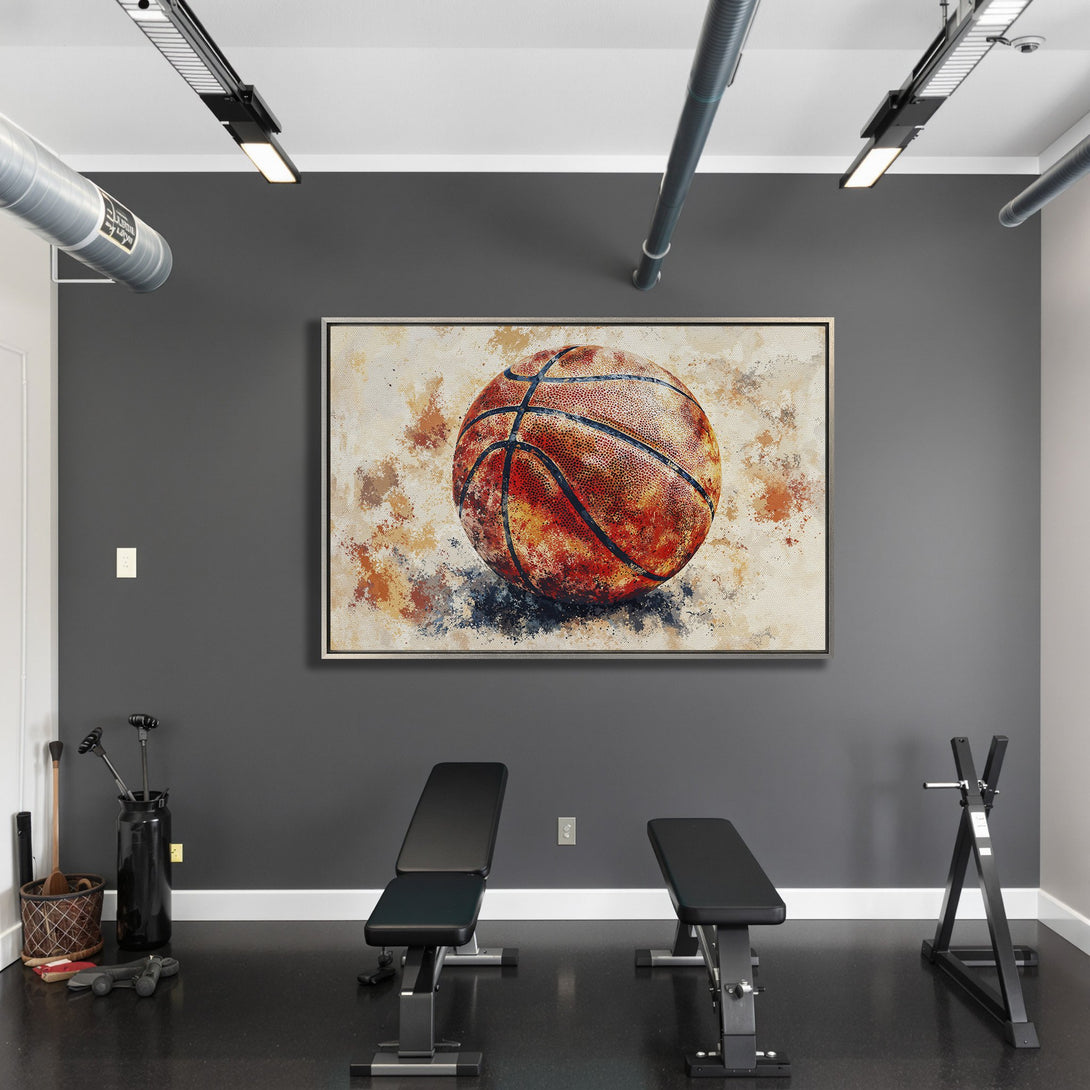 Framed Wall Art: Abstract basketball art in warm orange and brown tones. Perfect for a gym or sports-themed space, this canvas print adds a touch of style.