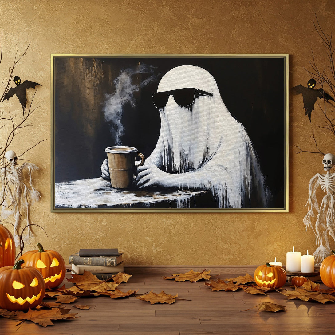 Canvas Print of a cool ghost enjoying coffee. Halloween decor with black, white, and orange palette. Spooky wall art for your home.