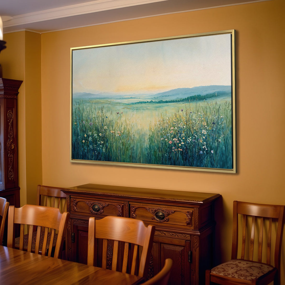 Canvas Print of a serene landscape painting in soft blues, greens, and yellows. Perfect for adding a touch of nature-inspired art to your home.