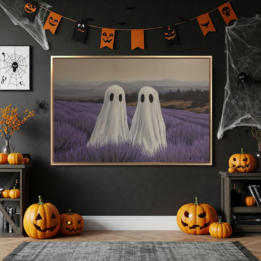 Framed Wall Art: Spooky ghost painting in a lavender field. Halloween decor with a neutral color palette. Perfect for adding a touch of whimsy.