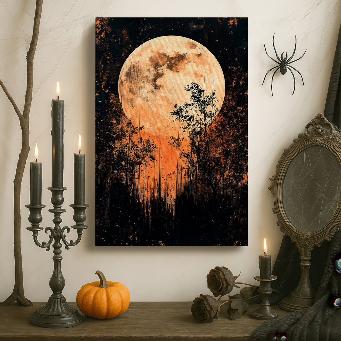 Framed Wall Art: Dramatic moonlit forest scene in warm orange and black tones. Adds a touch of mystery and elegance to any room.