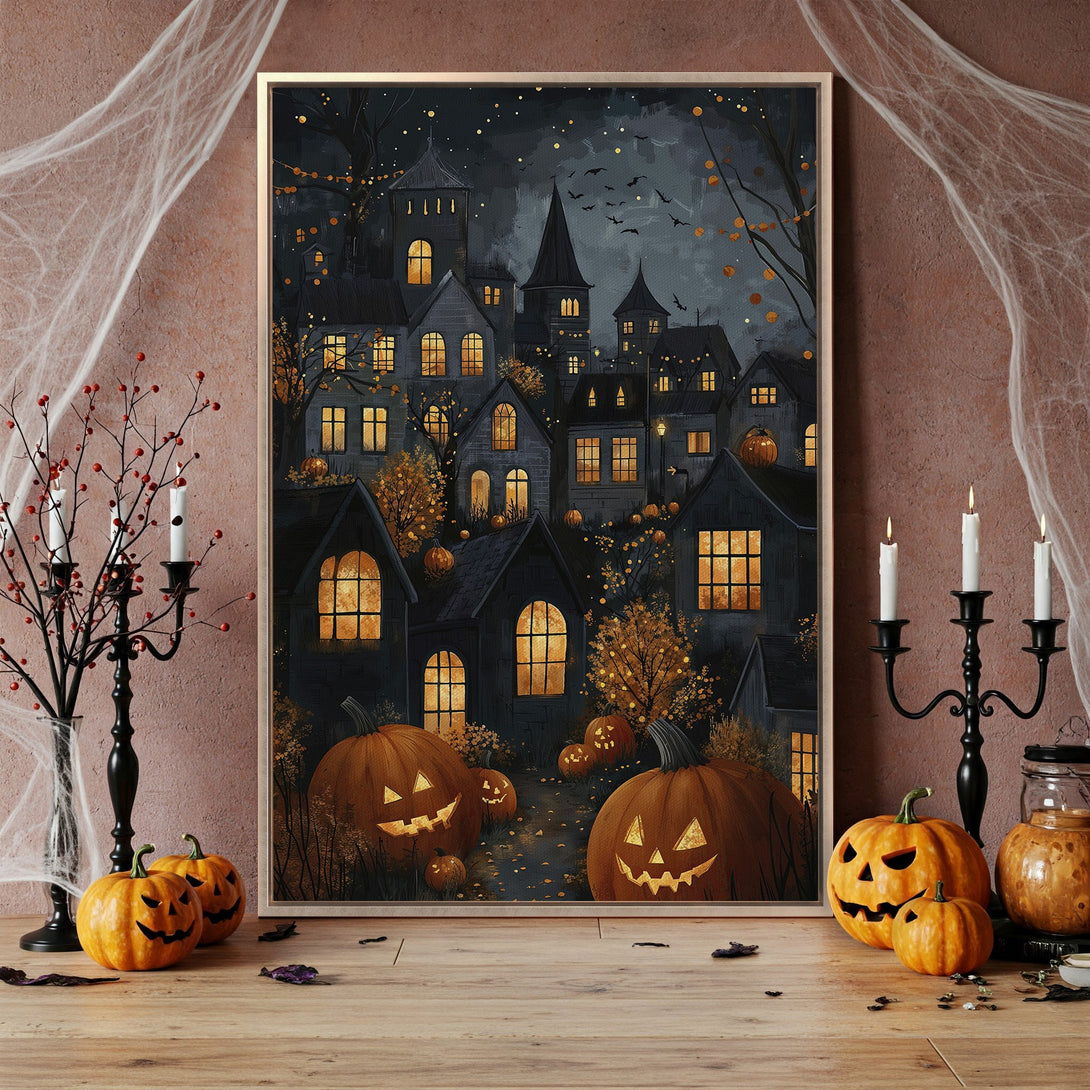 Framed Wall Art: Spooky Halloween town canvas print in a dark, moody color palette. Perfect for fall decor and adding a touch of eerie charm.