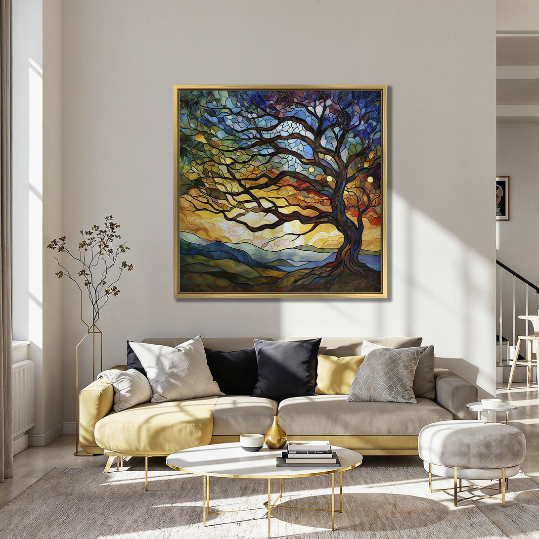 Canvas Print of a stained-glass style tree, vibrant colors of orange, blue, and yellow. Perfect wall art for a modern living room.