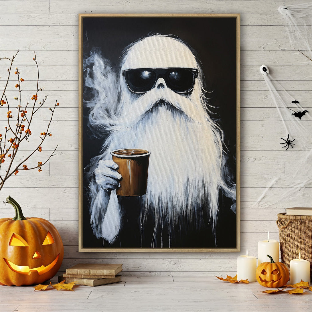 Framed Wall Art: Cool ghost with coffee, black & white art. Halloween decor, modern style. Shop unique canvas prints for your home!