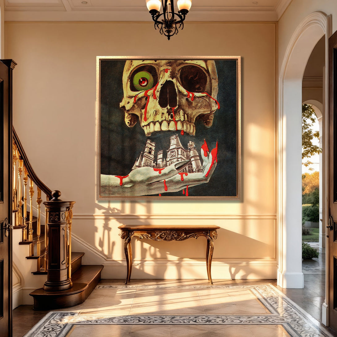 Framed Wall Art: Spooky skull art with a surreal, vintage style. Features a dark color palette with red accents, perfect for Halloween decor.