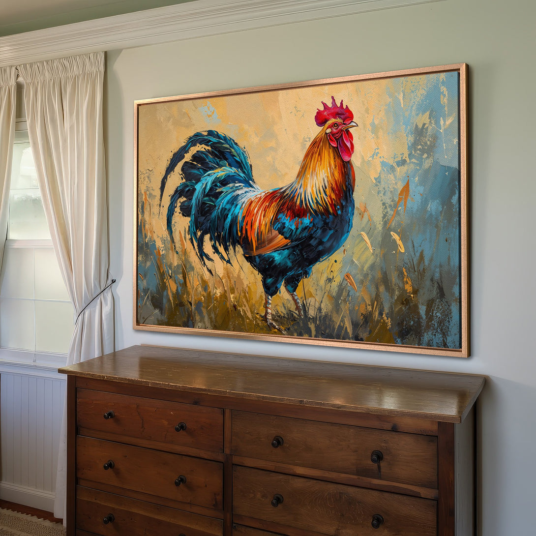Framed Wall Art: Vibrant rooster painting in a modern style. Features a warm color palette of gold, blue, and red, perfect for home decor.