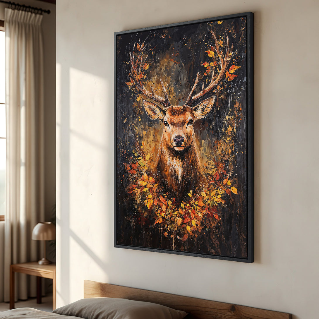 Framed Wall Art: Majestic deer portrait in warm autumnal tones. Stunning canvas print for living room or bedroom decor. Rich color palette of black, orange, and brown.