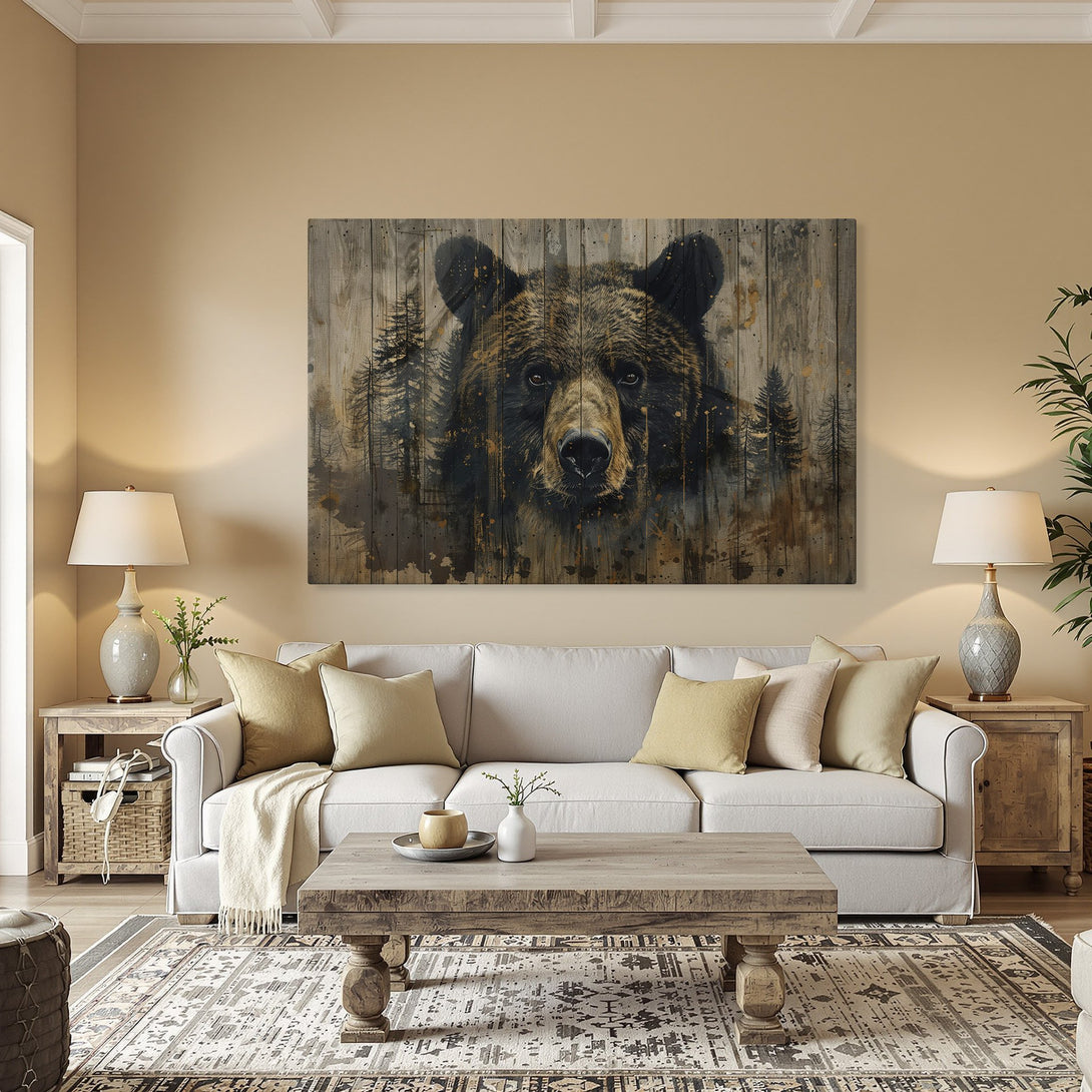 Framed Wall Art featuring a majestic bear in a rustic style with a brown and gold color palette. Perfect for adding a touch of nature to your home!