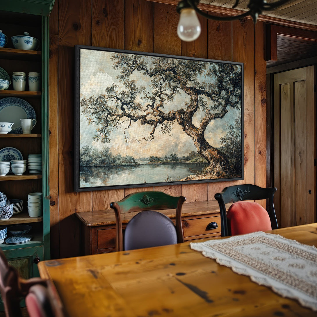 Framed Wall Art: Serene landscape Canvas Print with a tree over a lake. Earthy tones, perfect for rustic home decor.