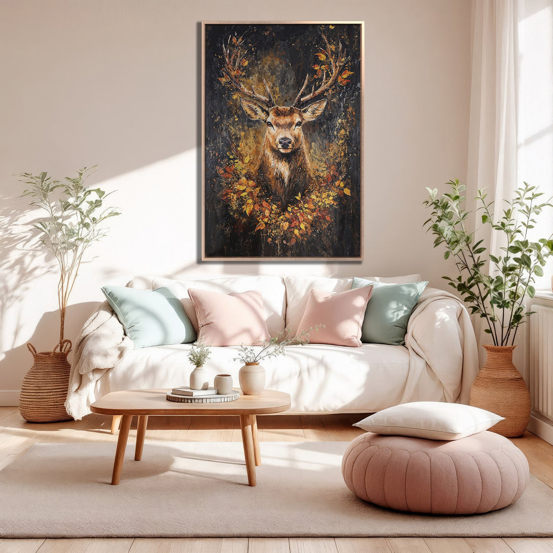 Framed Wall Art featuring a majestic deer with autumn leaves, displayed in a cozy living room. Warm, earthy tones and a touch of nature-inspired decor.