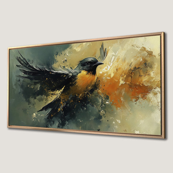 Framed Wall Art: Abstract bird painting in a modern style, featuring a palette of gold, black, and muted greens. Perfect for adding art to your home!