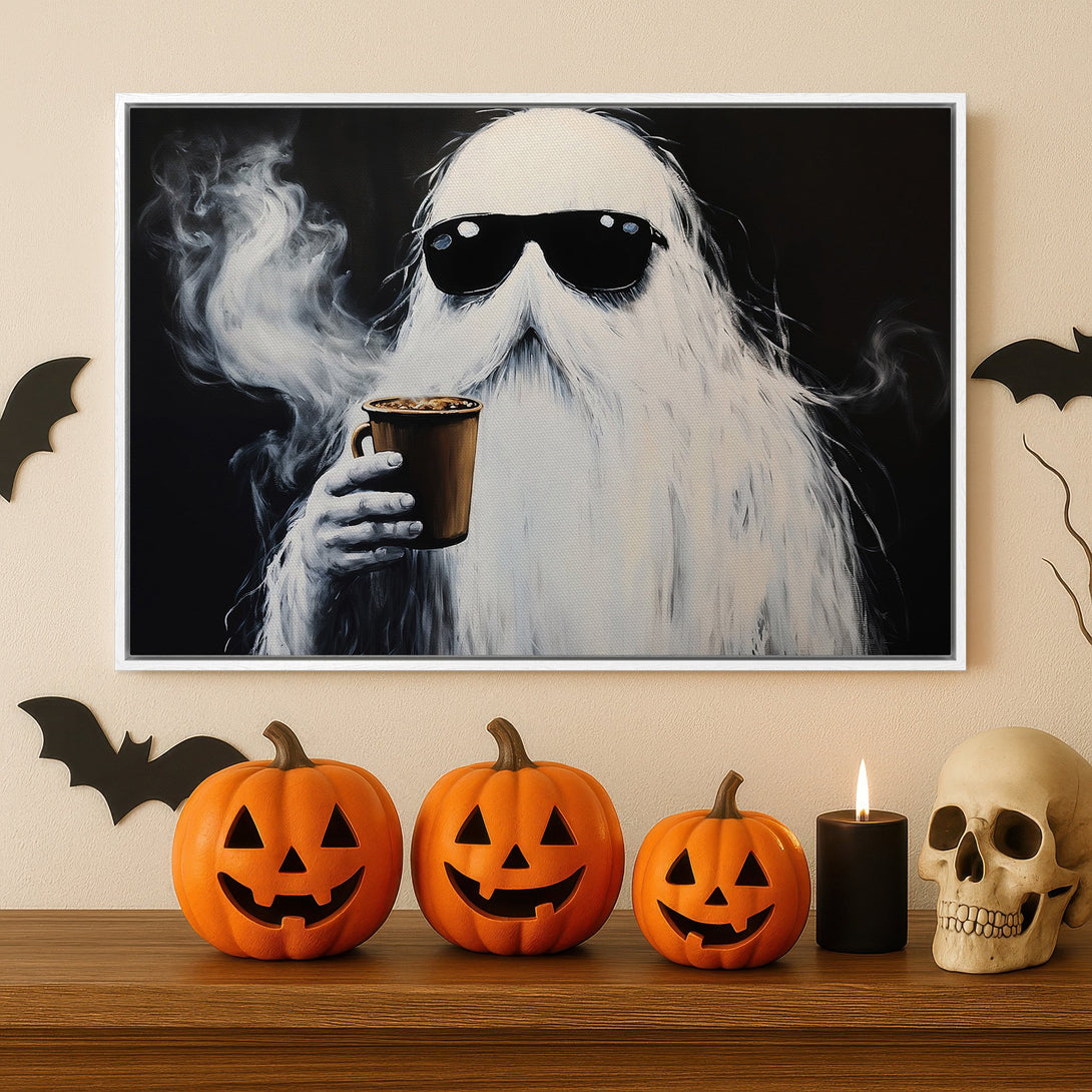 Framed Wall Art: Cool ghost with sunglasses enjoying coffee, black & white art print. Perfect Halloween decor, modern style, neutral color palette.