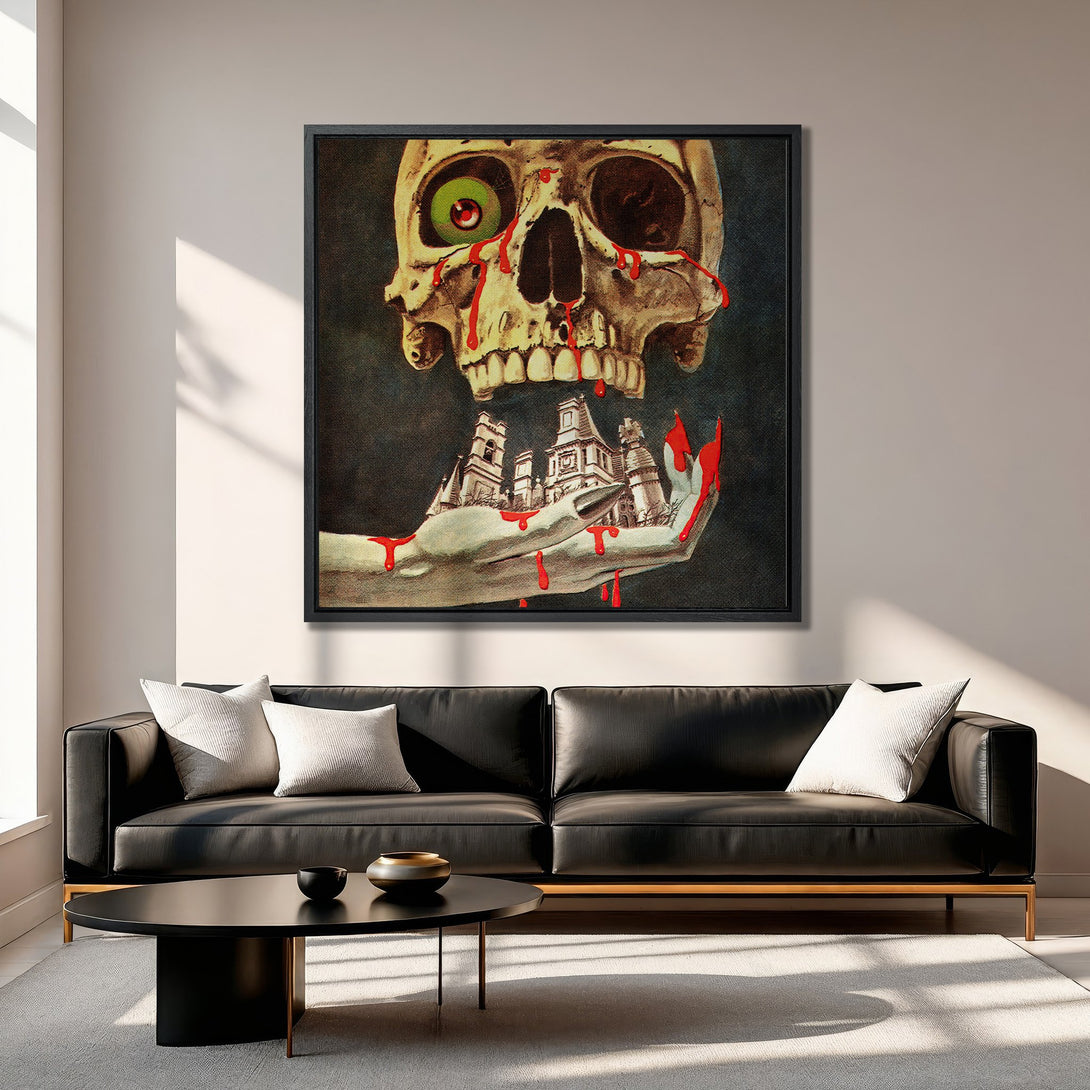 Framed Wall Art featuring a surreal skull with red accents. Dark, moody color palette. Add a unique touch to your space with this Canvas Print.