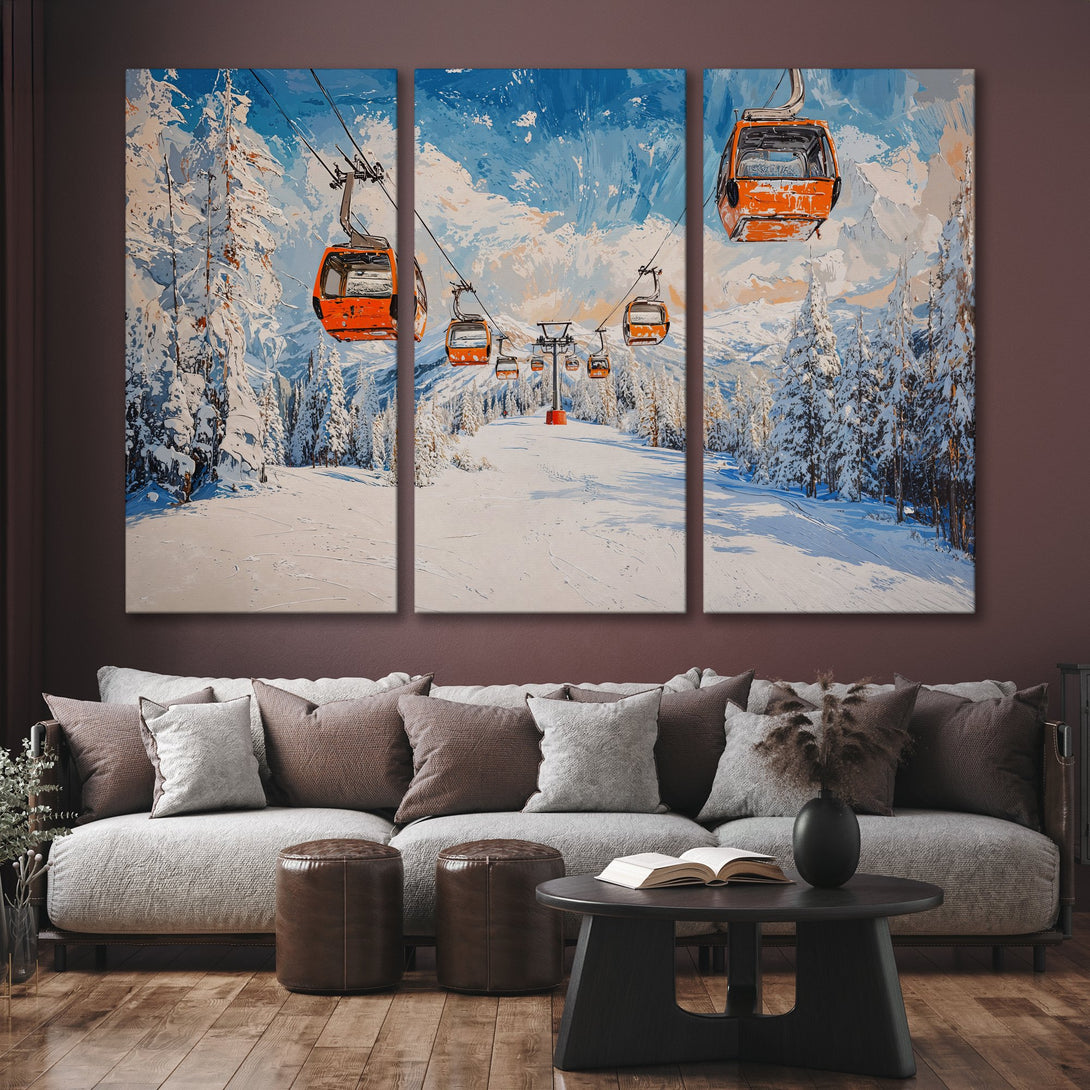 Canvas Print of a vibrant ski resort scene with orange gondolas, snowy trees, and a blue sky. Impressionistic style, warm color palette.
