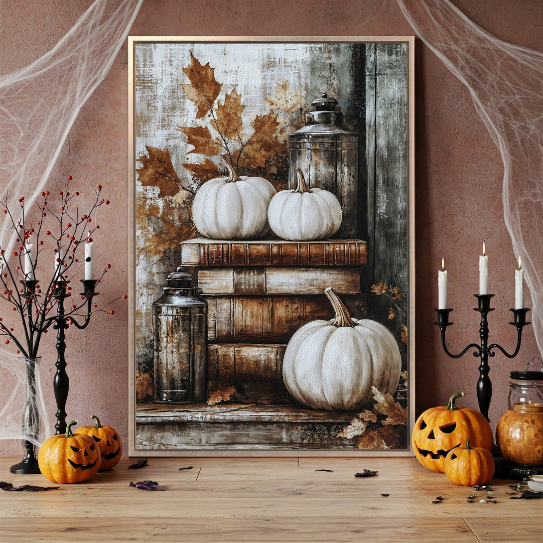 Framed Wall Art featuring pumpkins and autumn leaves in a rustic, neutral color palette. Perfect Halloween decor for your home!