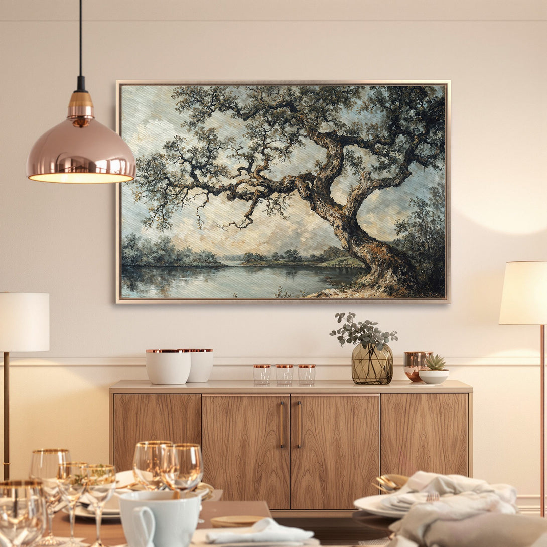 Framed Wall Art: Majestic tree landscape canvas print in neutral tones. Perfect for adding a touch of nature and elegance to your home decor.