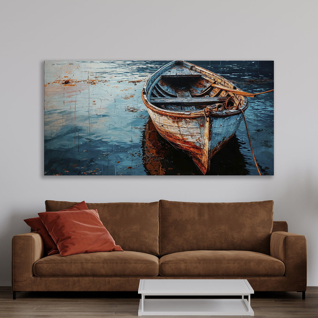 Framed Wall Art: Coastal boat scene in blue and orange tones. Enhance your space with this stunning Canvas Print, perfect for adding a touch of serenity.