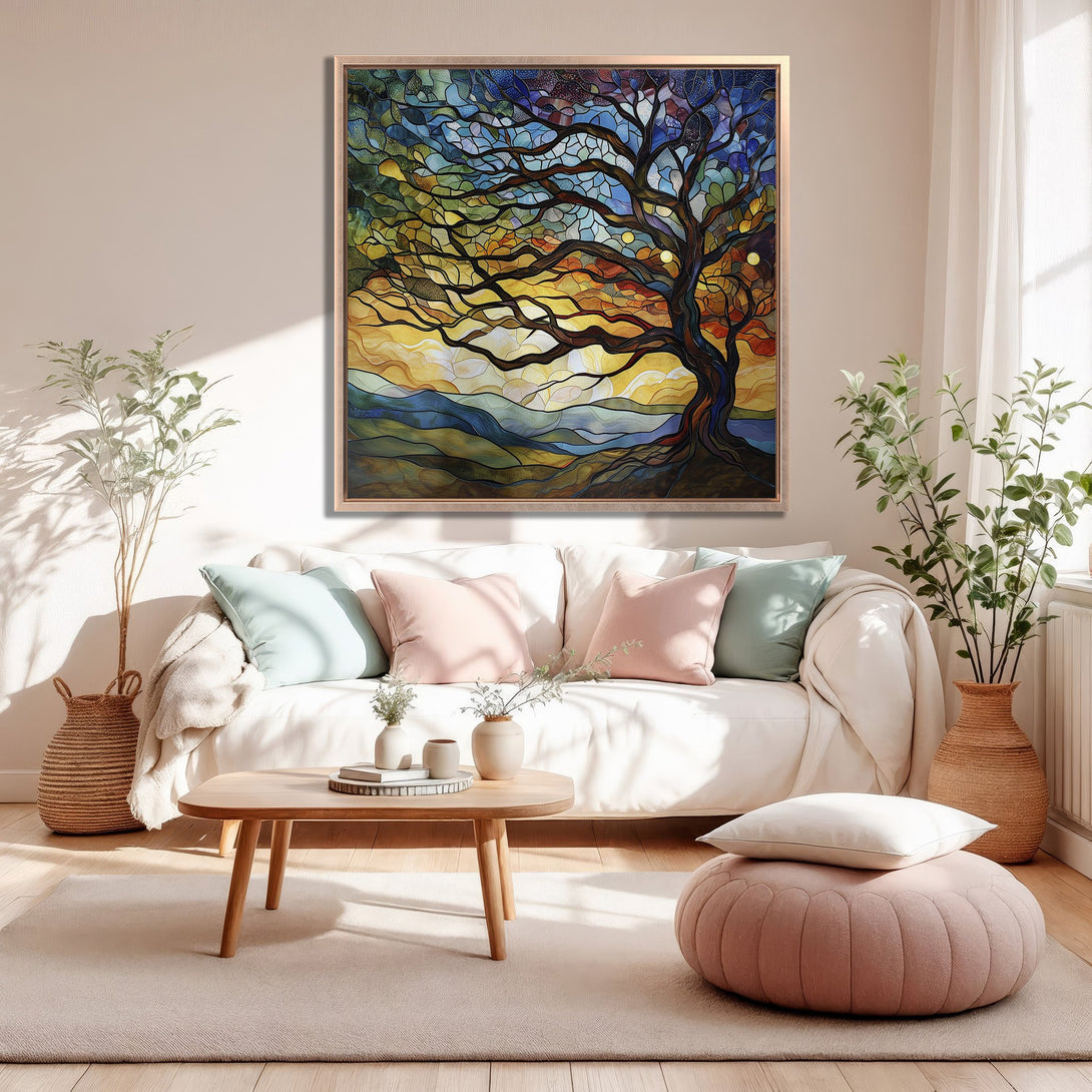 Framed Wall Art: Stained glass tree art with warm sunset colors. Perfect for living room decor. Adds a touch of nature and artistic flair to any space.