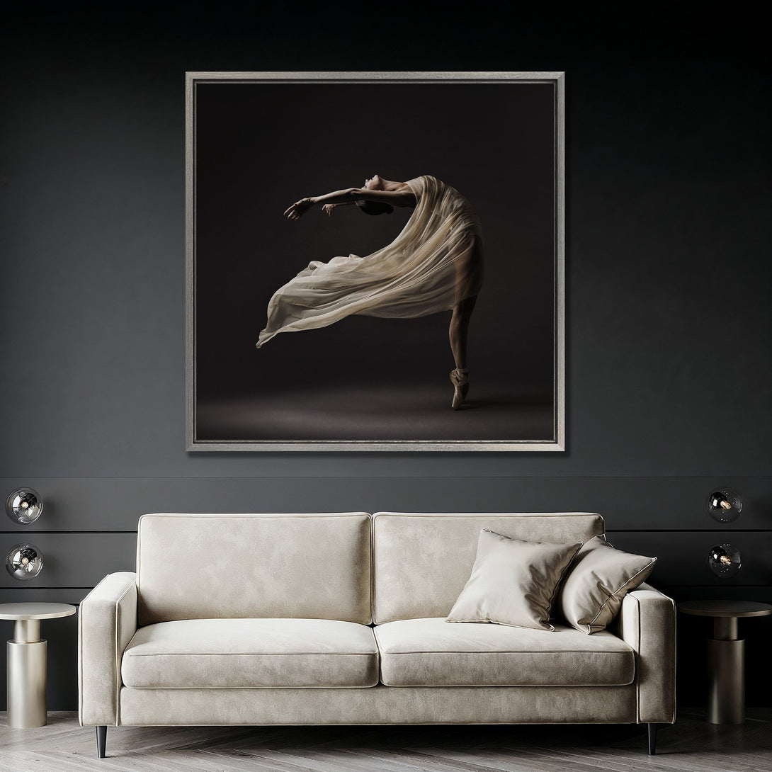 Framed Wall Art: Elegant ballerina canvas print in neutral tones. Modern art for living room decor. Adds sophistication and style to any space.
