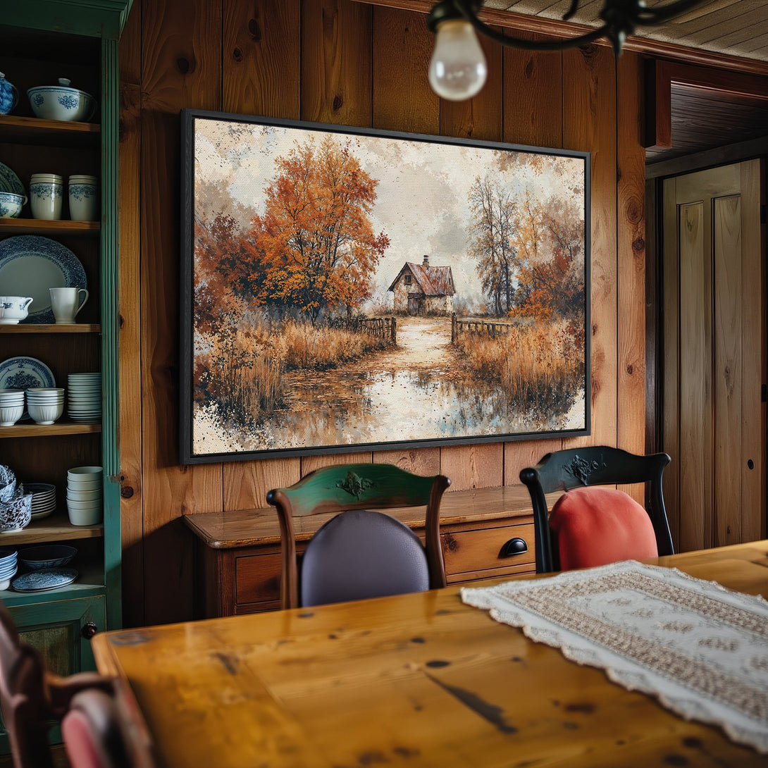 Framed Wall Art: Autumn landscape Canvas Print in warm orange and brown tones. Perfect for adding rustic charm to your home decor.