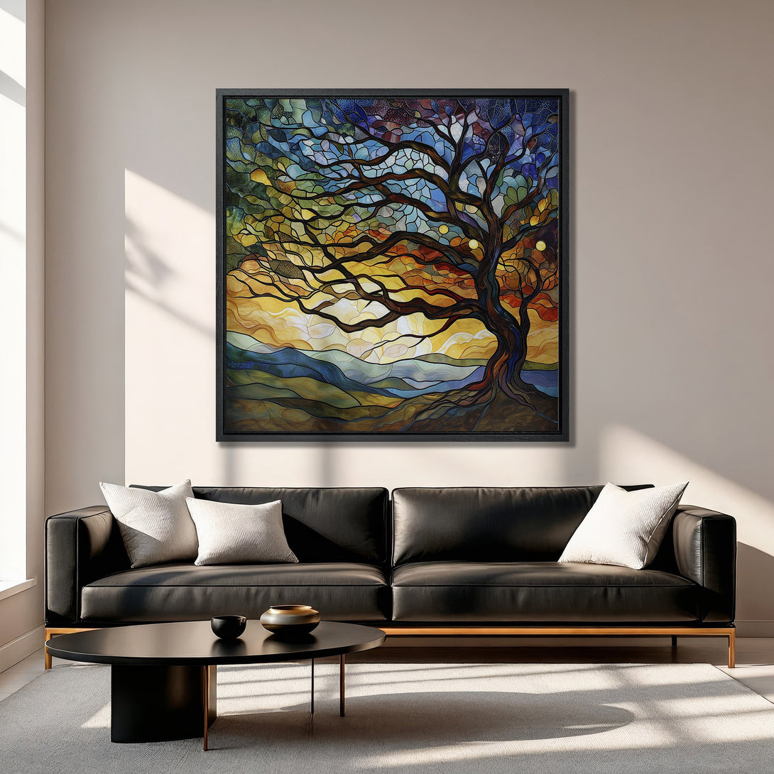 Framed Wall Art: Stained glass tree art in a modern interior. Vibrant colors of blue, yellow, and orange create a stunning focal point. Enhance your space!