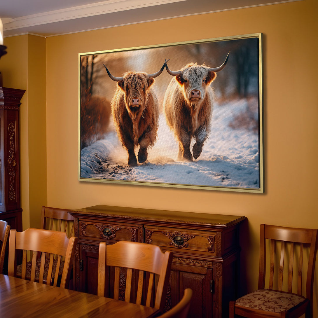 Canvas Print of Highland cows in a snowy landscape, warm neutral tones. Rustic wall art for a cozy living room.