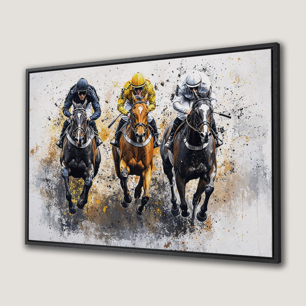 Framed Wall Art: Dynamic horse racing scene in an abstract style. Featuring jockeys, horses, and a palette of black, gold, and gray. Perfect for home decor.