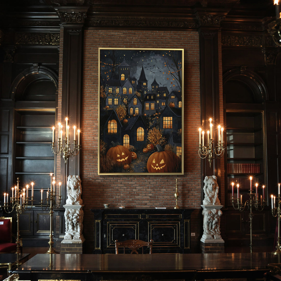 Canvas Print: Spooky Halloween town art with pumpkins, dark blues, oranges, and glowing windows. Perfect for fall decor!