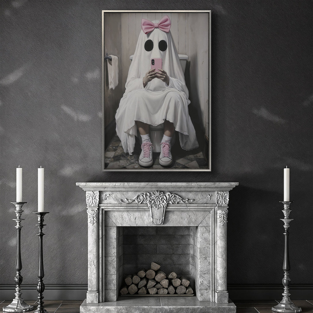 Framed Wall Art: Whimsical ghost on the toilet with a pink bow, holding a phone. Modern art with a black, white, and pink color palette. Perfect for a unique interior.