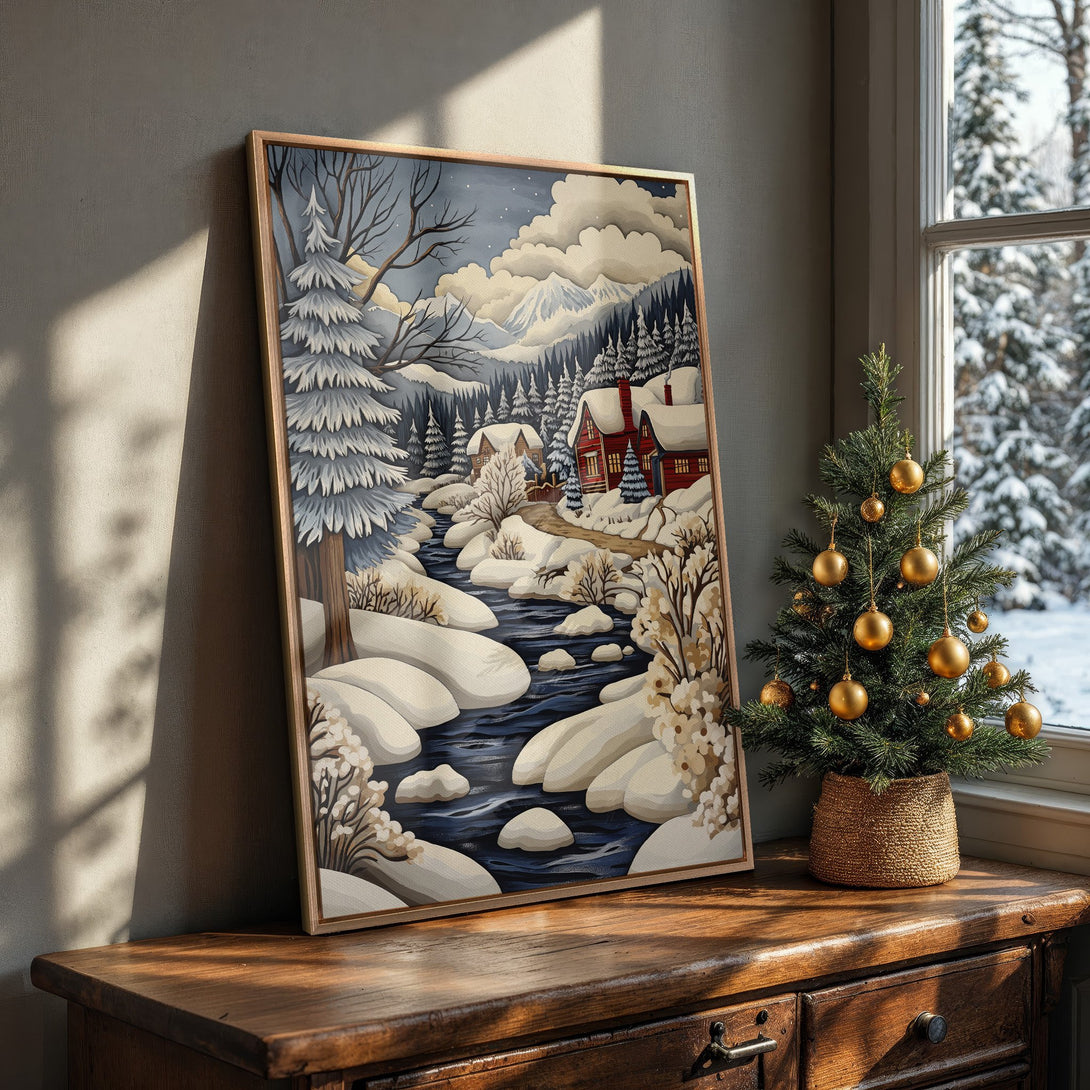 Framed Wall Art: Winter landscape Canvas Print with a cozy cabin scene in cool blue, white, and red tones. Perfect for holiday decor!