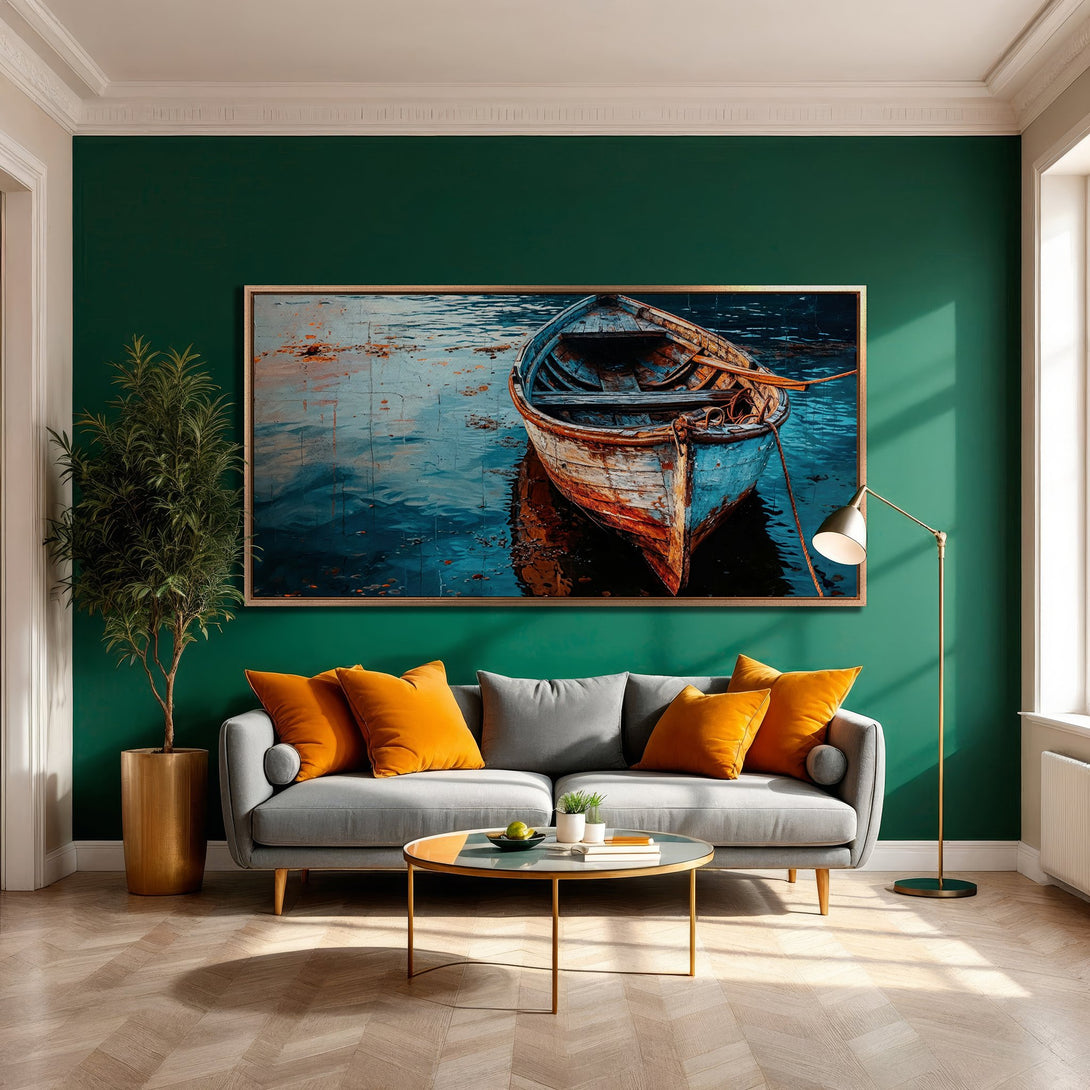 Framed Wall Art featuring a serene boat scene. Coastal style with a blue, orange, and green color palette, perfect for adding a touch of tranquility.