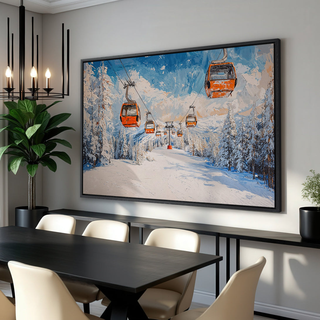 Framed Wall Art: Ski lift canvas print in a dining room. Features a snowy mountain scene with orange gondolas, blue sky, and white snow. Perfect winter decor.