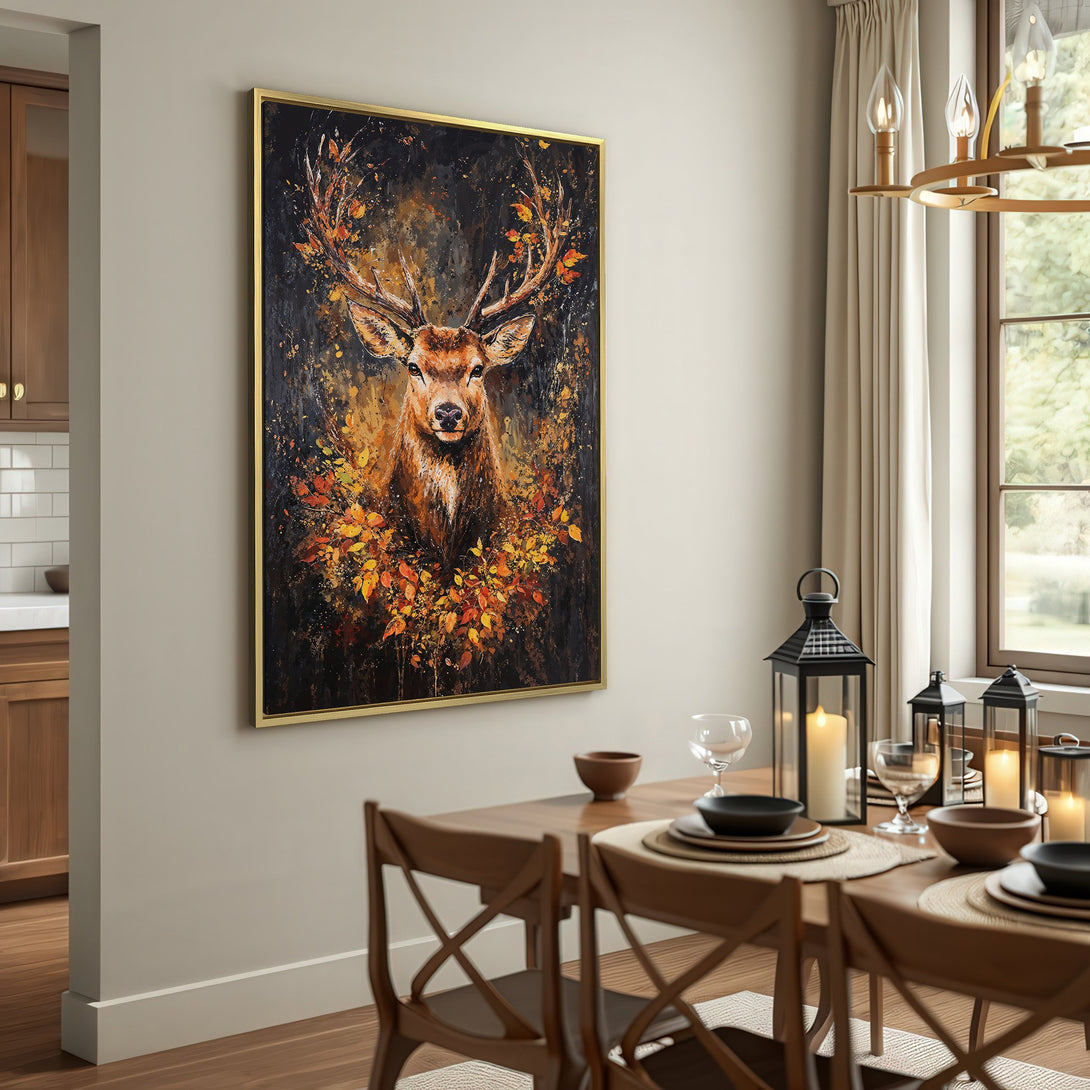 Canvas Print: Majestic deer art in warm autumn tones. Rustic style with a rich brown, orange, and black color palette. Perfect for home decor.