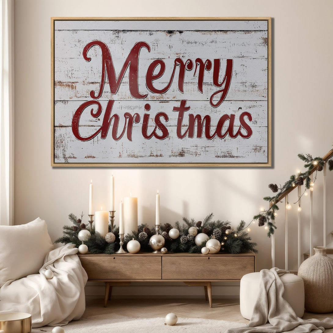 Framed Wall Art: "Merry Christmas" sign in rustic style. Red text on a white wood background. Neutral color palette, perfect for holiday decor.