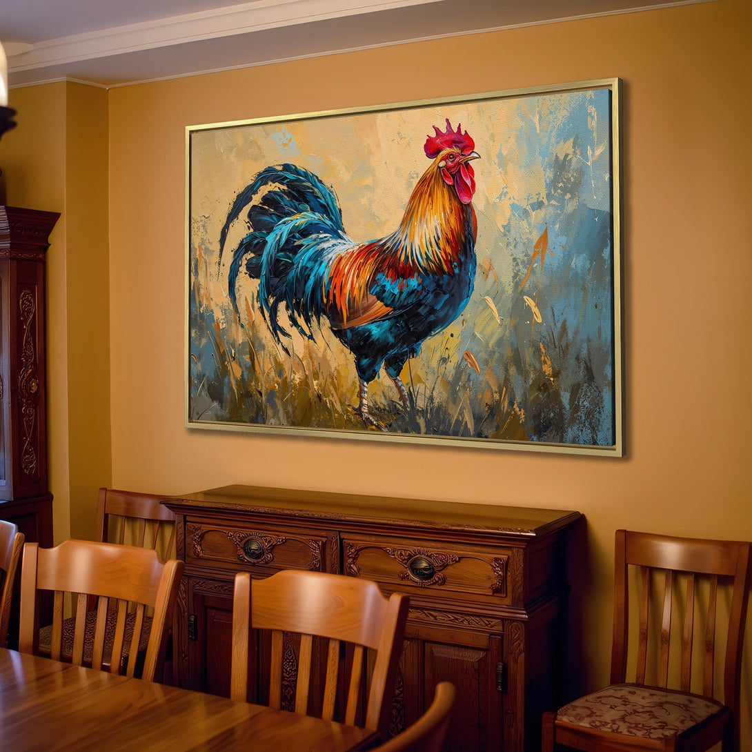 Canvas Print of a vibrant rooster painting in a living room. Features a colorful, impressionistic style with warm, earthy tones.