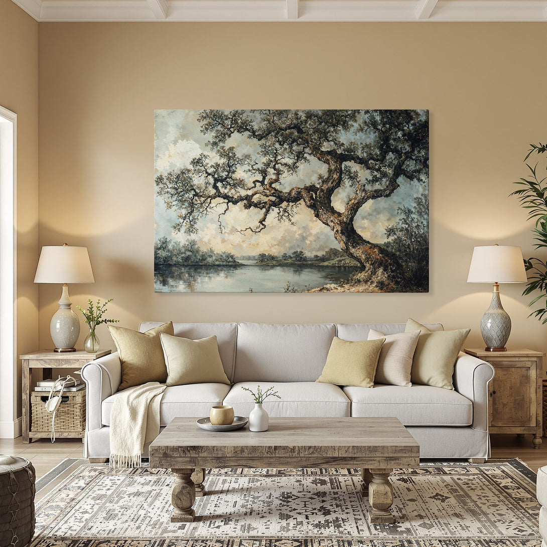 Framed Wall Art: Landscape Canvas Print of a majestic tree by a lake, featuring a muted blue and green color palette, perfect for home decor.