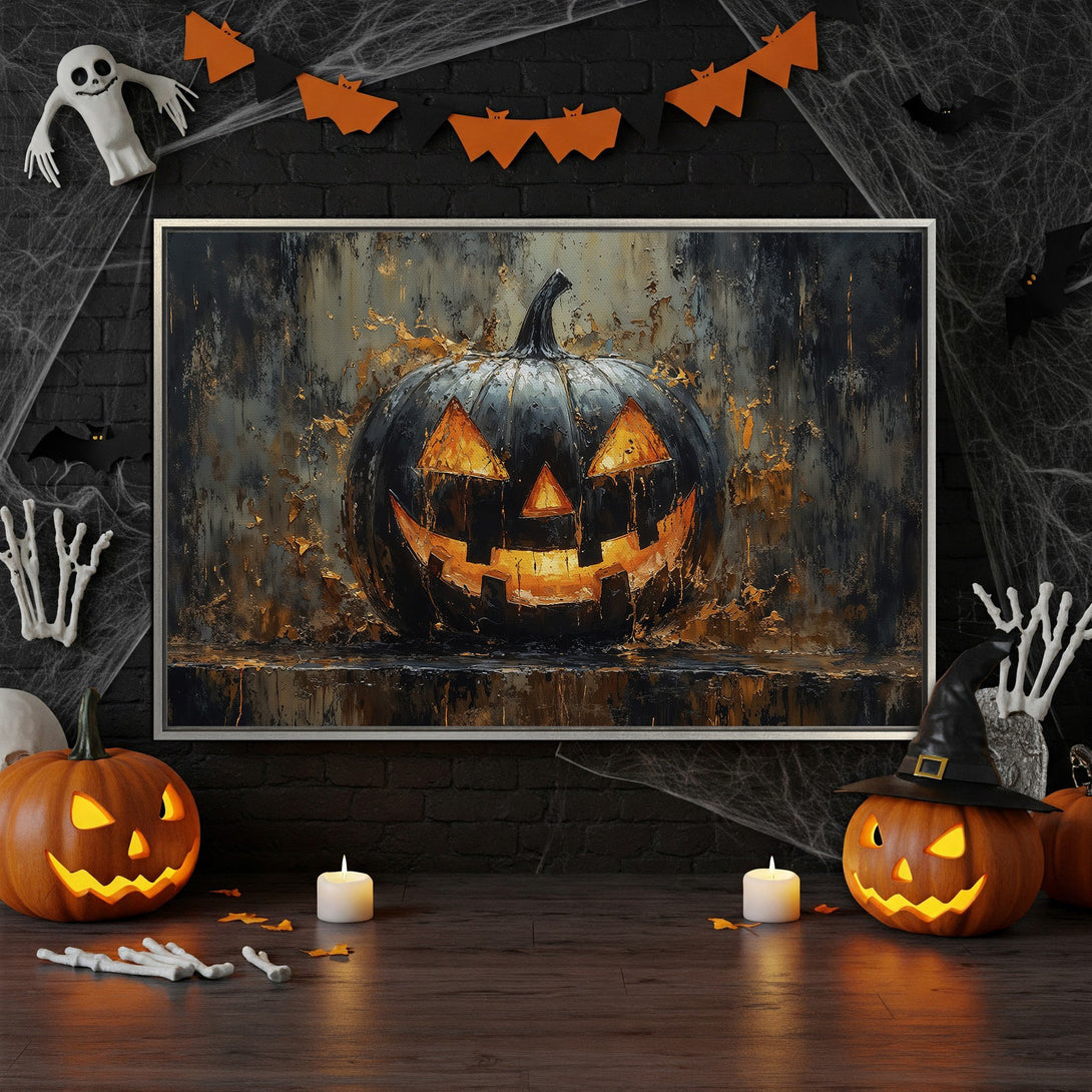 Framed Wall Art: Spooky Halloween pumpkin art in dark, moody tones. Perfect for adding a touch of eerie elegance to your decor. Shop now!
