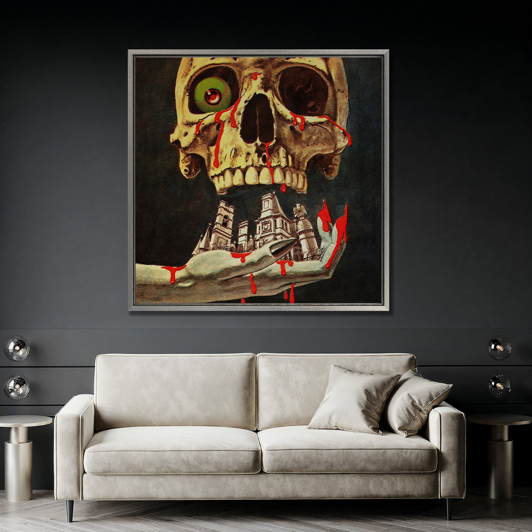 Framed Wall Art: Surreal skull with red accents. Dark, moody color palette. Perfect for adding a unique touch to your home decor. Shop now!