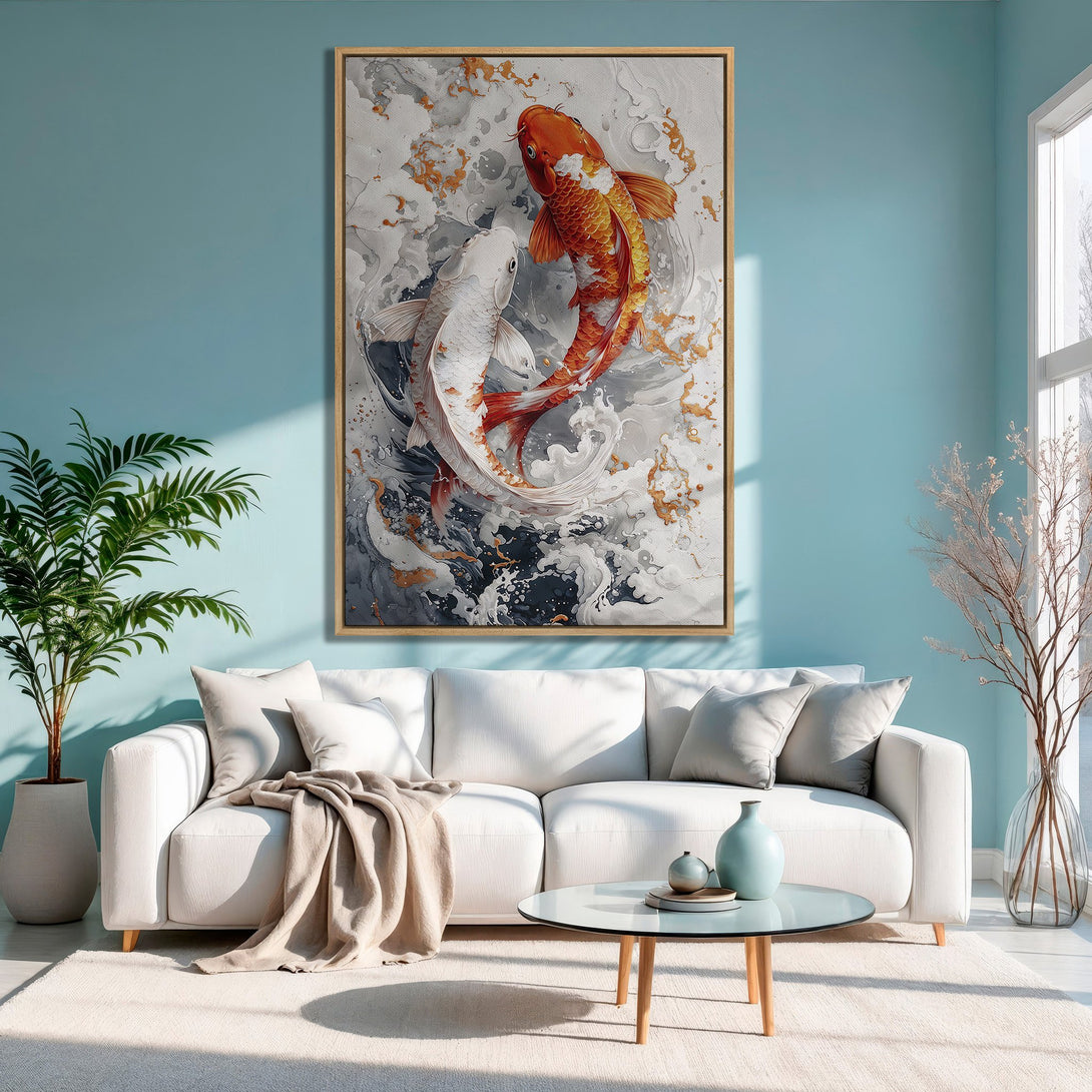 Framed Wall Art featuring koi fish in a modern style with orange, white, and grey tones. Perfect for adding a touch of zen to your living room!